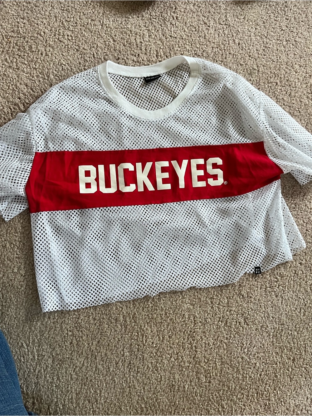 BUCKEYES Mesh Crop Top - White with Red Stripe